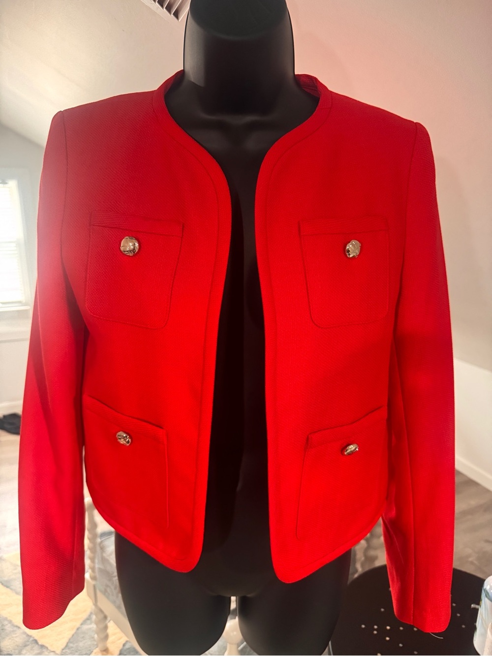 Bar III Red Collarless Pocket Jacket with Gold Buttons